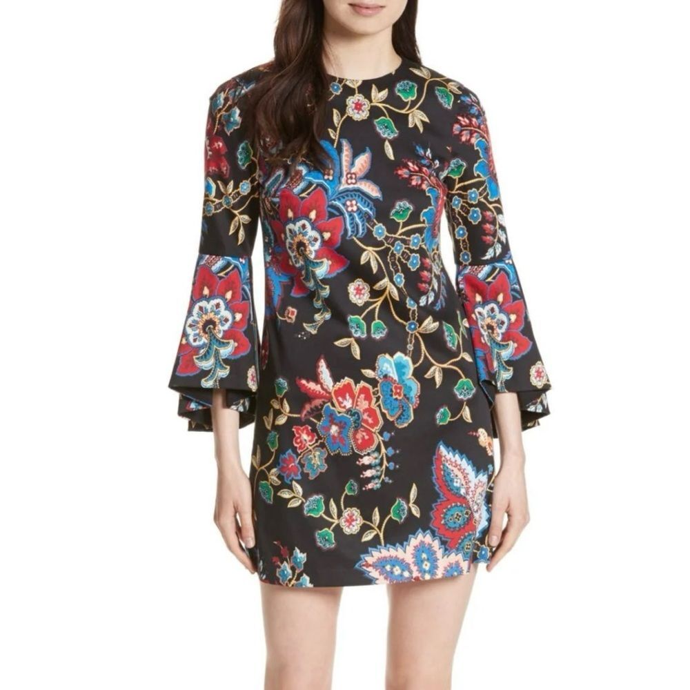 Alice + Olivia Thym Trumpet Bell Sleeve Mini Dress Black Floral Size 4 Elevated